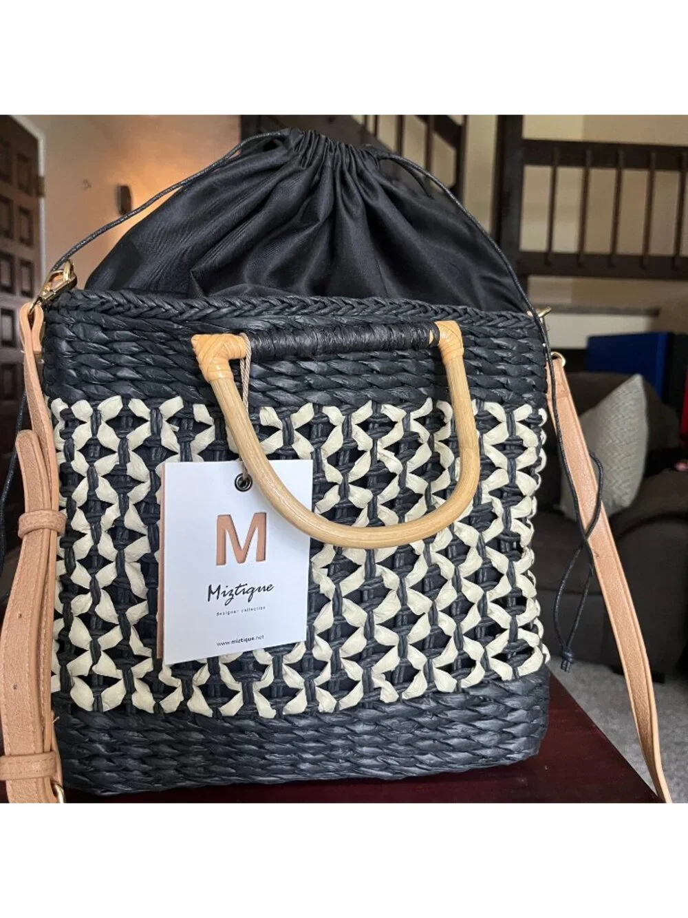 NWT- Miztique Mia Straw Satchel Black & Beige